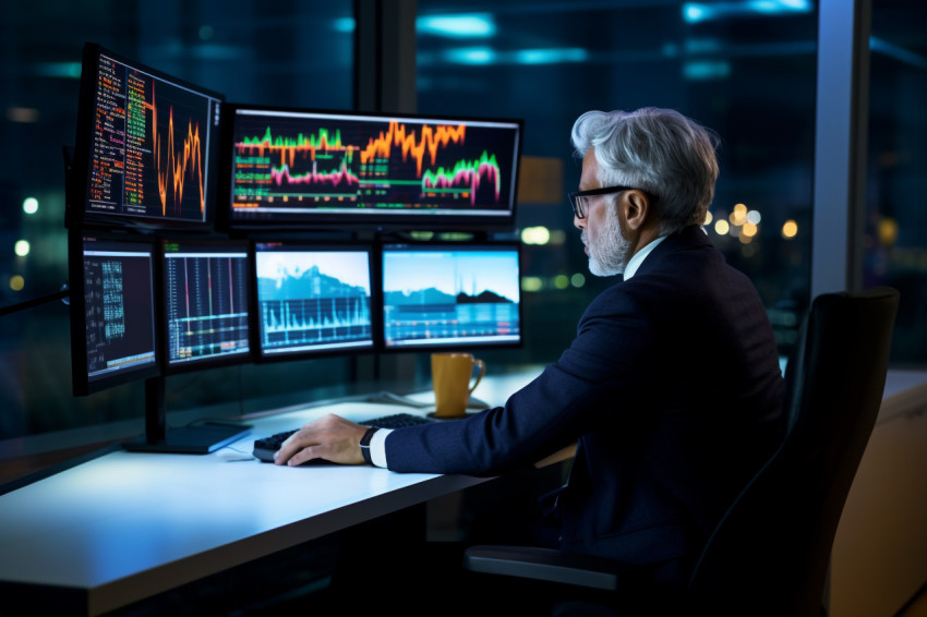 Photo of older businessman working at night in fintech office he