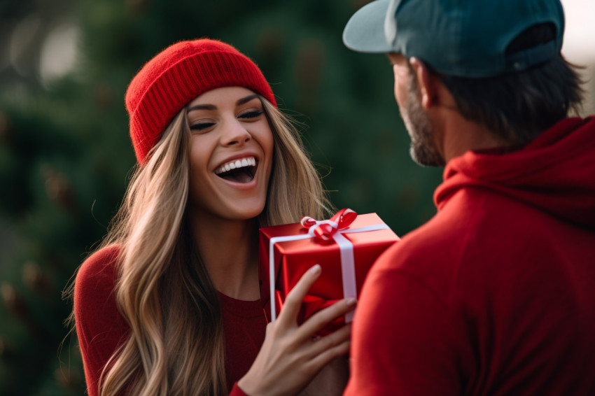 A close up photo of a man giving his girlfriend a christmas gift