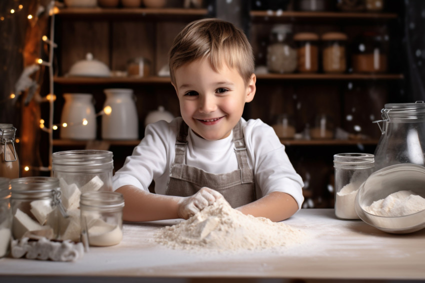 A picture of a cute boy with flour on his face baking christmas