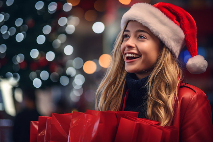 Picture of a smiling young woman shopping for christmas, christm