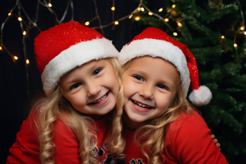 A photo of two happy and funny twin sisters hugging while celebr