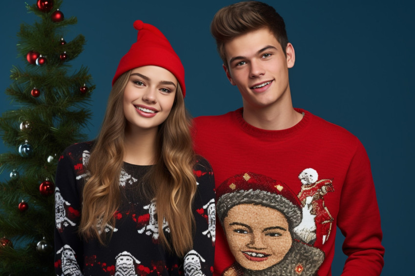 A photo of two young people in fashionable christmas clothes on