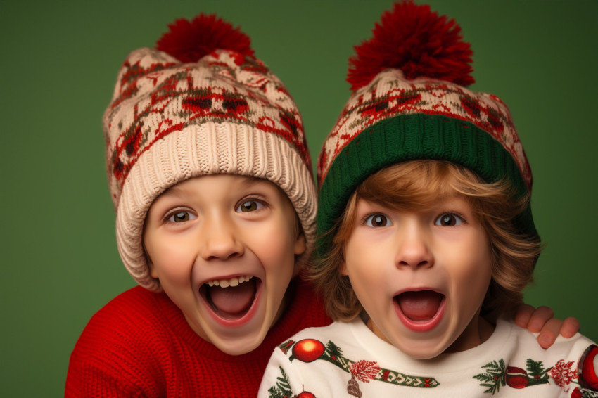 A photo of two funny kids, a boy and a girl, wearing santa hats