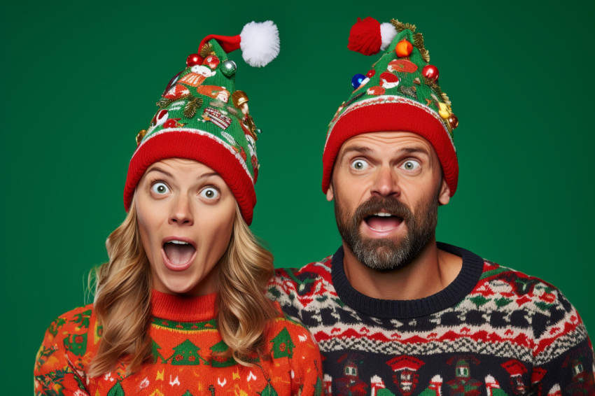 A picture of a young man and woman wearing christmas sweaters an