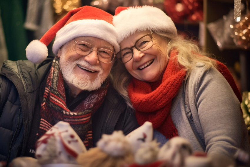 A photo of a happy older couple shopping at a christmas market s