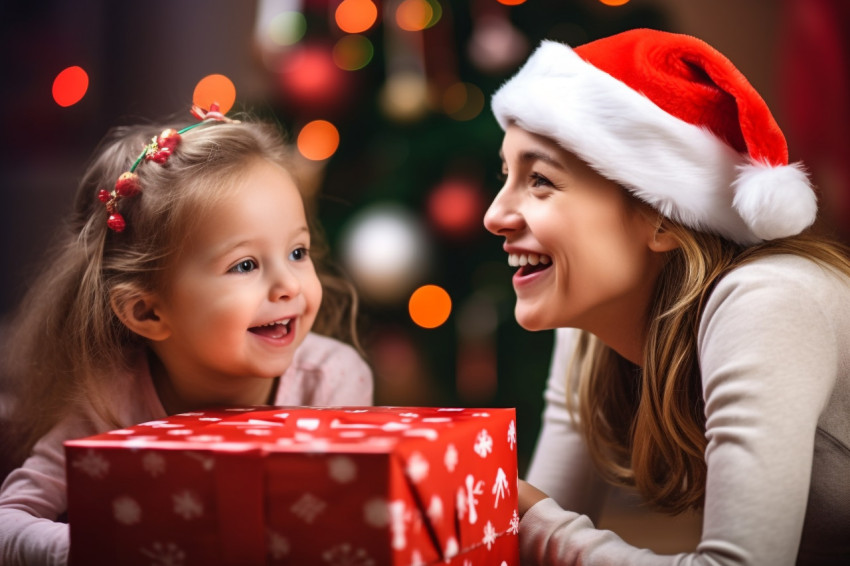 A photo of a happy mother and little girl wearing santa hats and