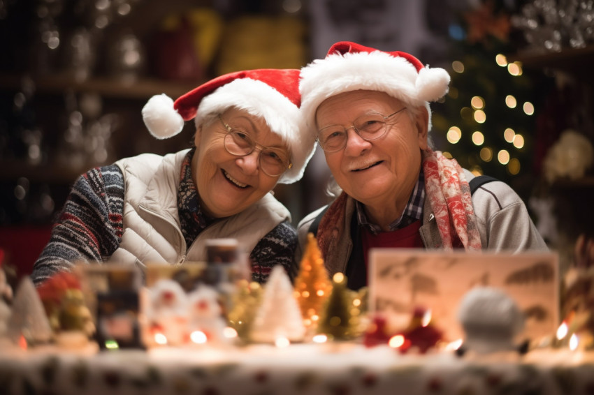 A photo of a happy older couple shopping at a christmas market s