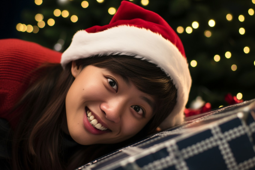 Picture of a young, happy asian woman with a santa hat, christma