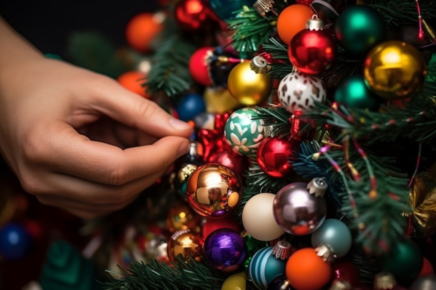 A photo of a womans hands decorating a christmas tree with balls