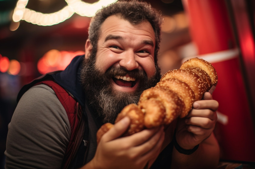 A photo of a happy man eating trdelnik a sweet pastry with his a