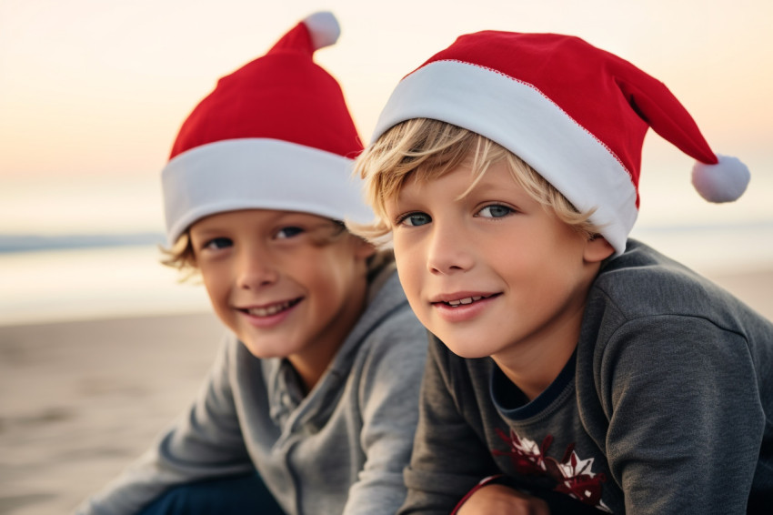 A picture of two young boys wearing santa hats sitting on the be