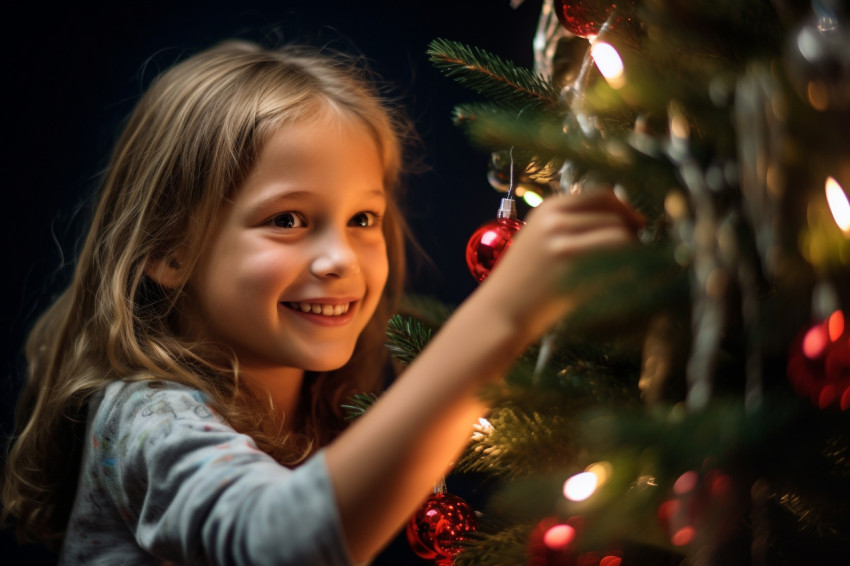 A picture of a happy girl putting ornaments on a christmas tree,