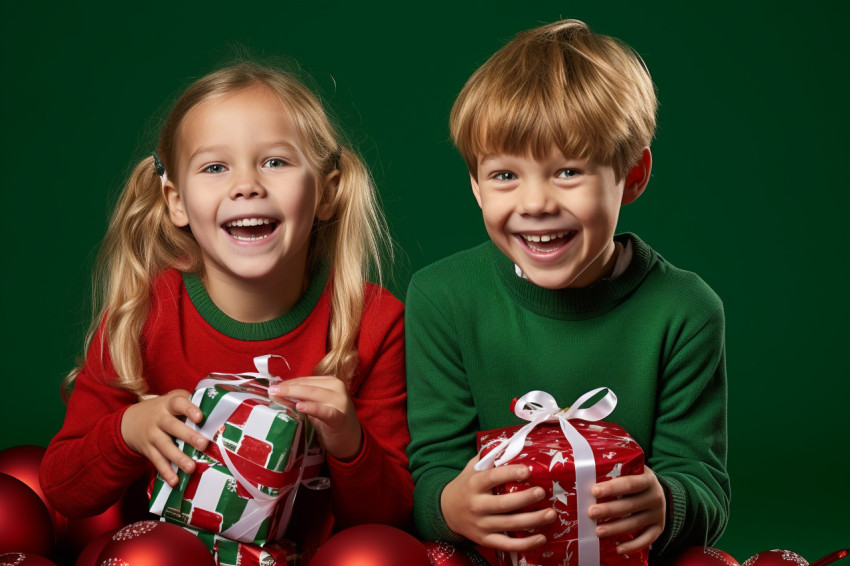 A picture of small children holding christmas balls and gifts in