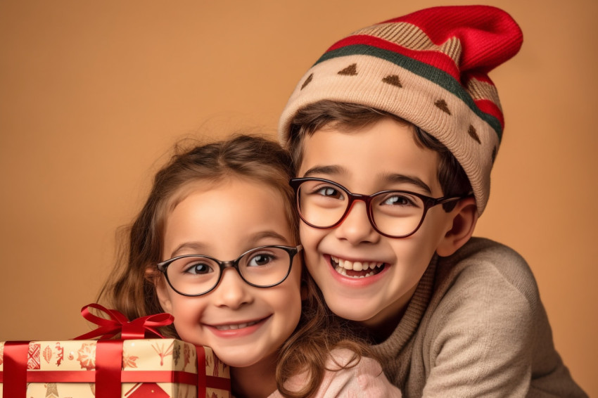 A picture of two children hugging and enjoying christmas present