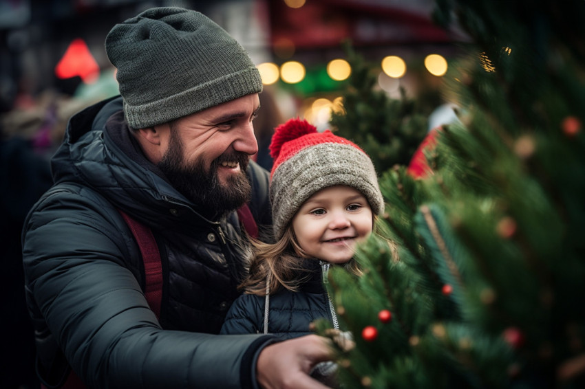 A photo of a happy father and his little daughter choosing a chr