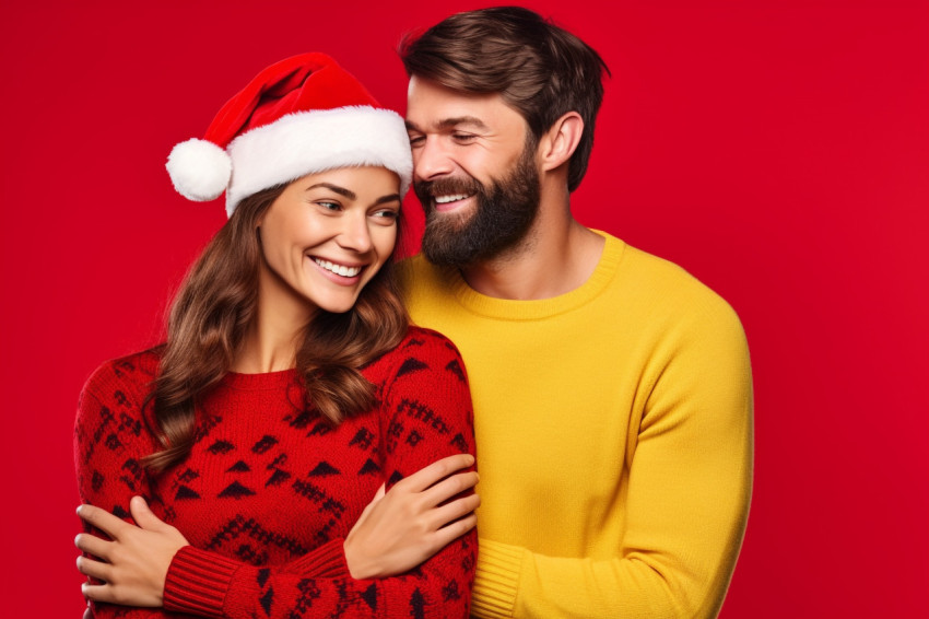 A photo of a young man and woman in their 20s wearing red sweate