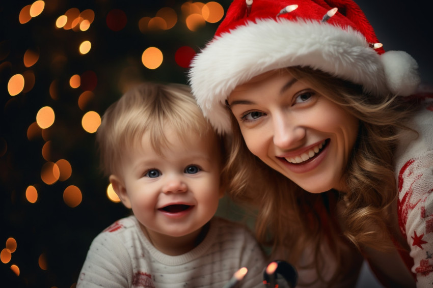 A picture of a happy mom and her baby wearing santa hats, christ