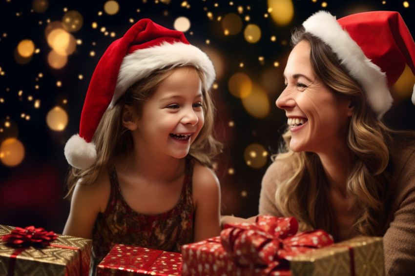 A photo of a family celebrating christmas, with a happy mother a