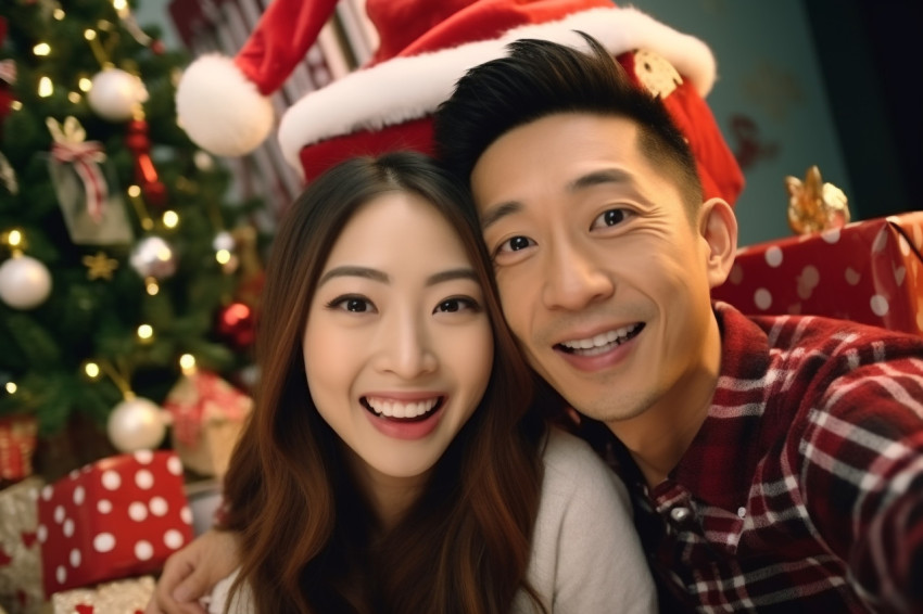 A happy asian couple wishing their family a merry christmas on a