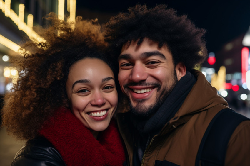 A picture of a happy couple from different races, together outsi