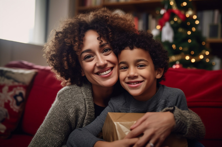 A happy woman of color with a gift is smiling and hugging a chil