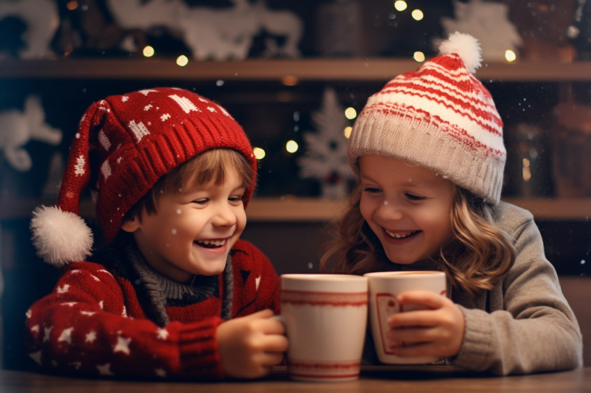 A photo of a happy boy and girl laughing and drinking hot chocol