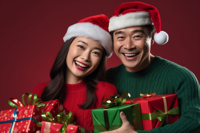 A photo of a happy asian couple in red and green clothes holding A photo of a happy asian couple in red and green clothes holding