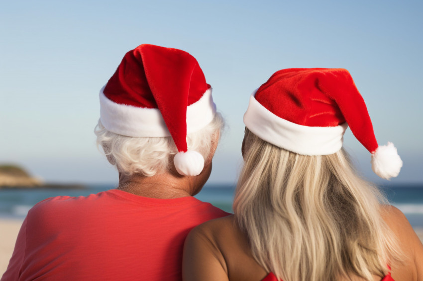 A photo of a couple wearing santa hats together on the beach, se