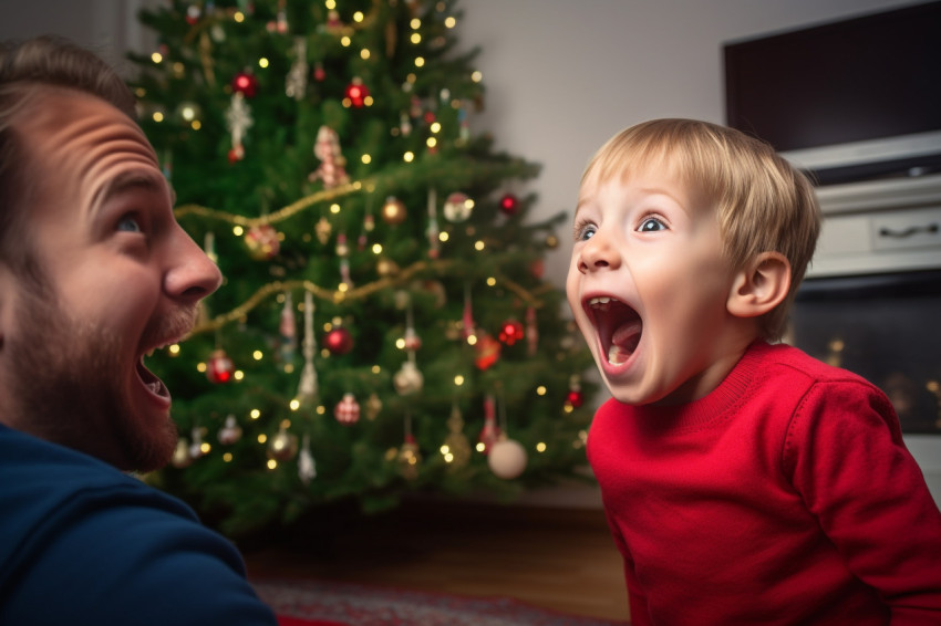 A photo of a happy son and his father looking at the christmas t