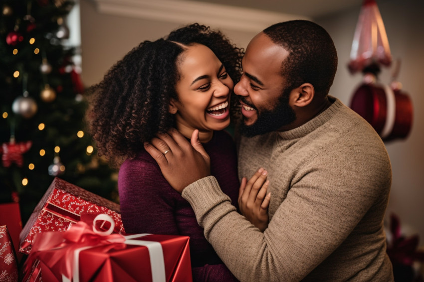 A photo of a very happy african american couple hugging and exch