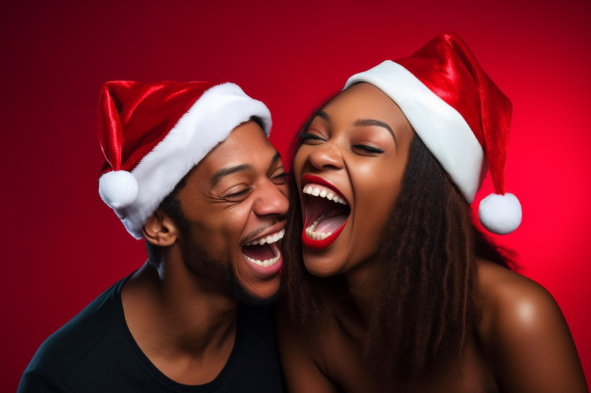 Close up photo of young black lovers wearing santa hats and havi