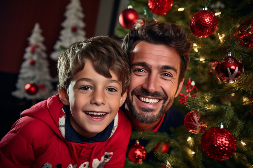 Picture of a happy dad and kid standing in front of a christmas