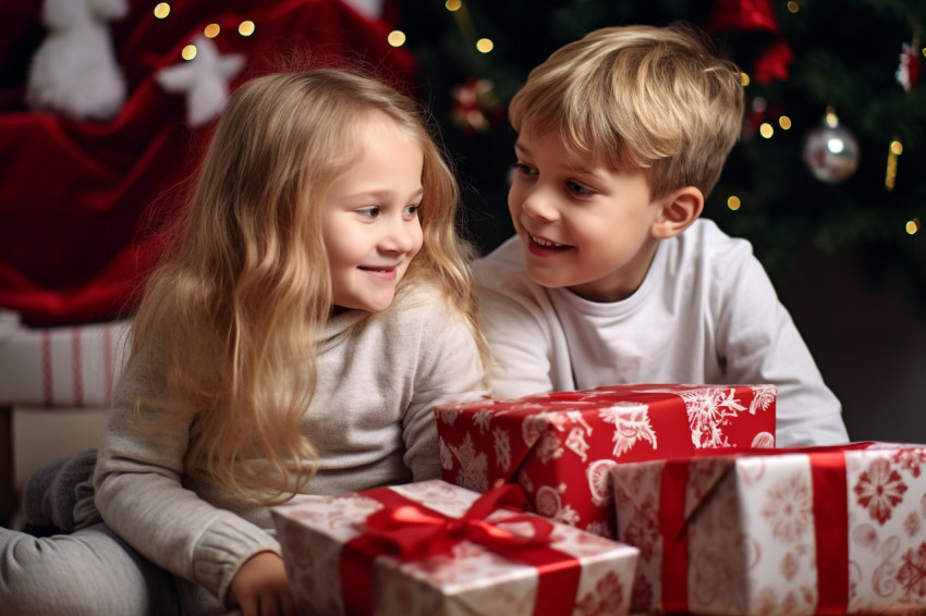 A photo of a happy little girl and boy hugging at home with chri