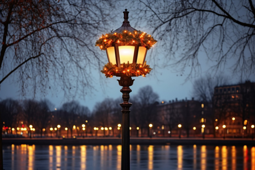 Photo of a glowing street light in front of alster lake in hambu