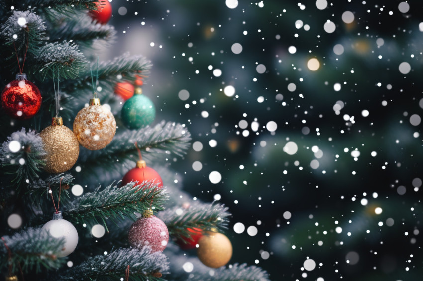 A picture of a christmas tree with a blurry background of snow,