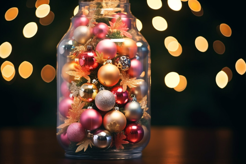 A close up photo of an elegant christmas tree in a glass jar, ch