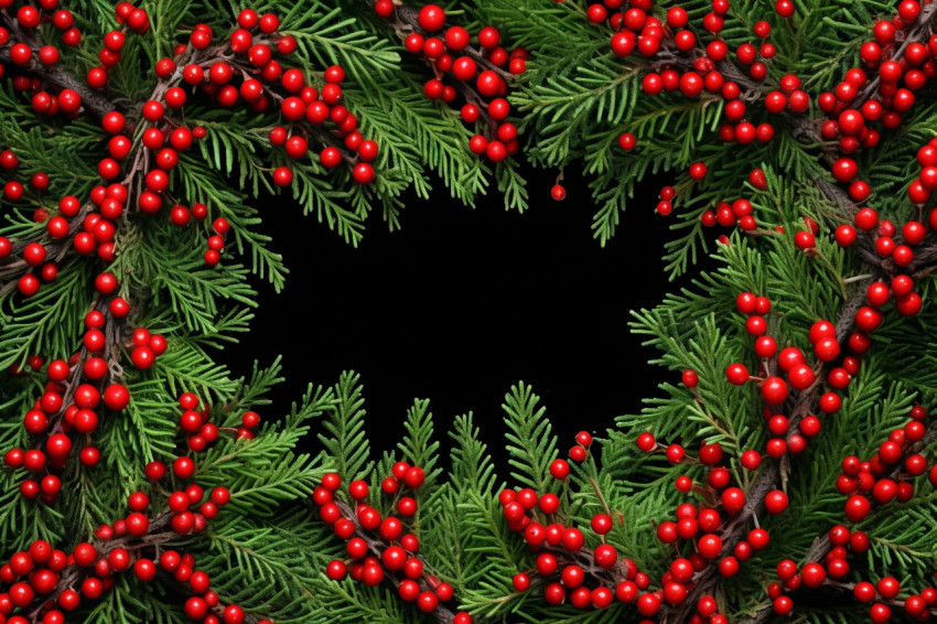 A picture of a christmas frame made with pine needles and red be