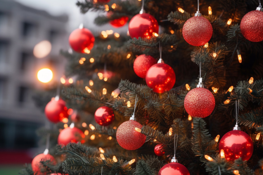 A close up photo of an outdoor christmas tree decorated with bri