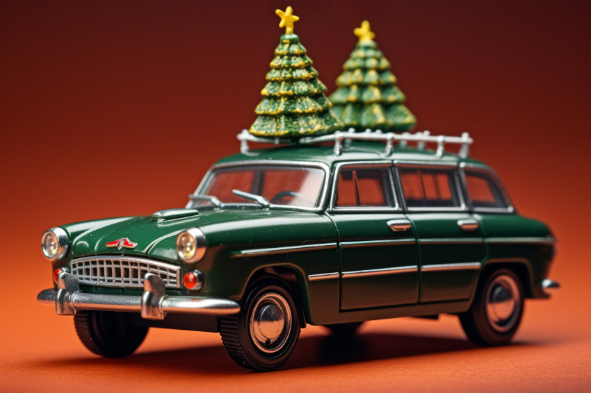 A picture of a small christmas tree on a toy vehicle, christmas