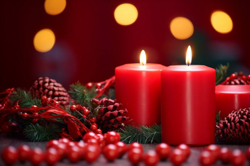 A picture of a red candle and christmas ornaments, christmas fes