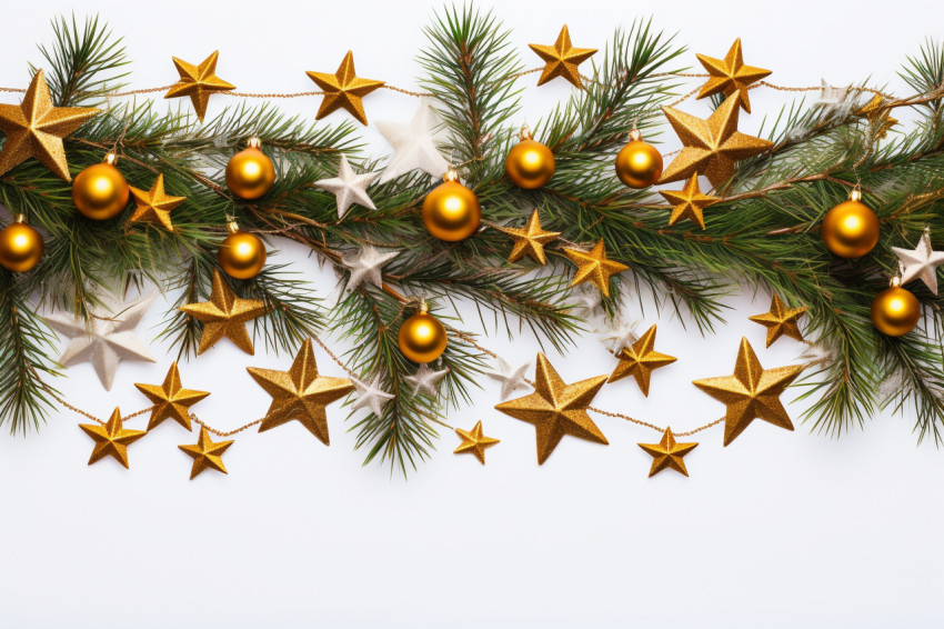 A picture of christmas tree branches with gold balls, stars, and