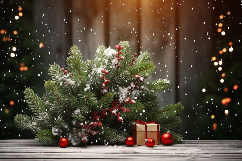 A picture of a christmas tree with holly berries and snow falling