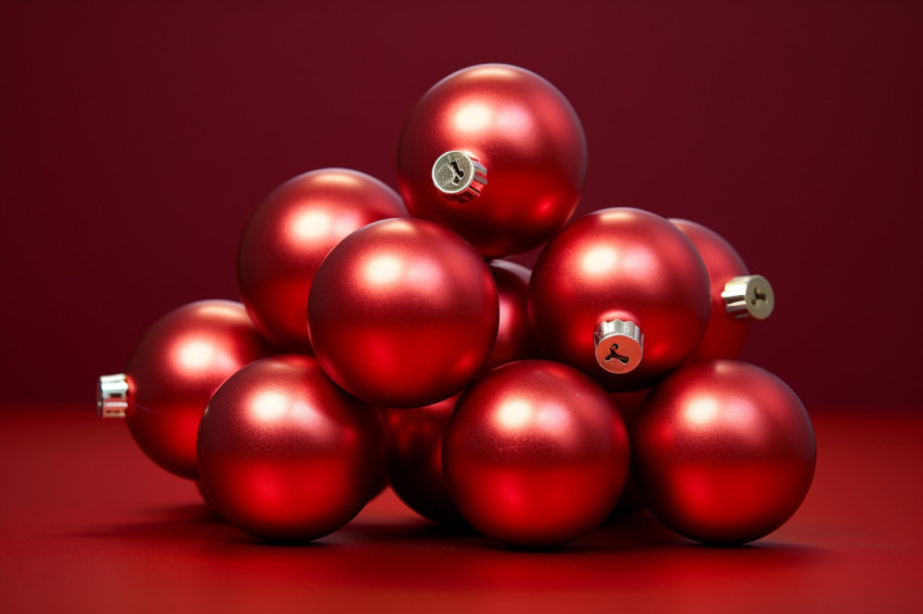 A picture of red christmas ornaments on a red background, with r