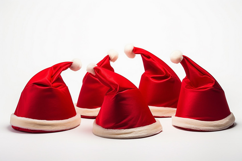 A picture of a group of red santa claus hats on a plain white ba