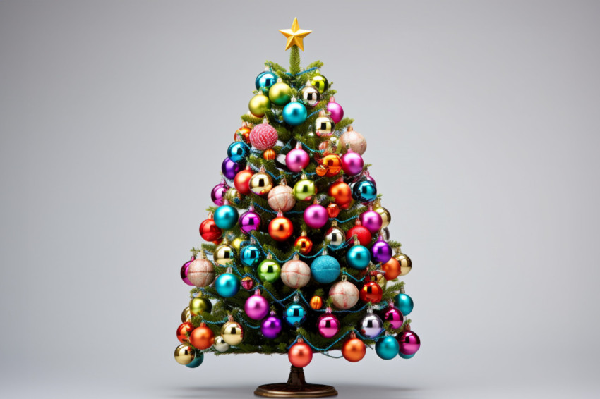 A happy picture of a christmas tree with colorful ornaments take