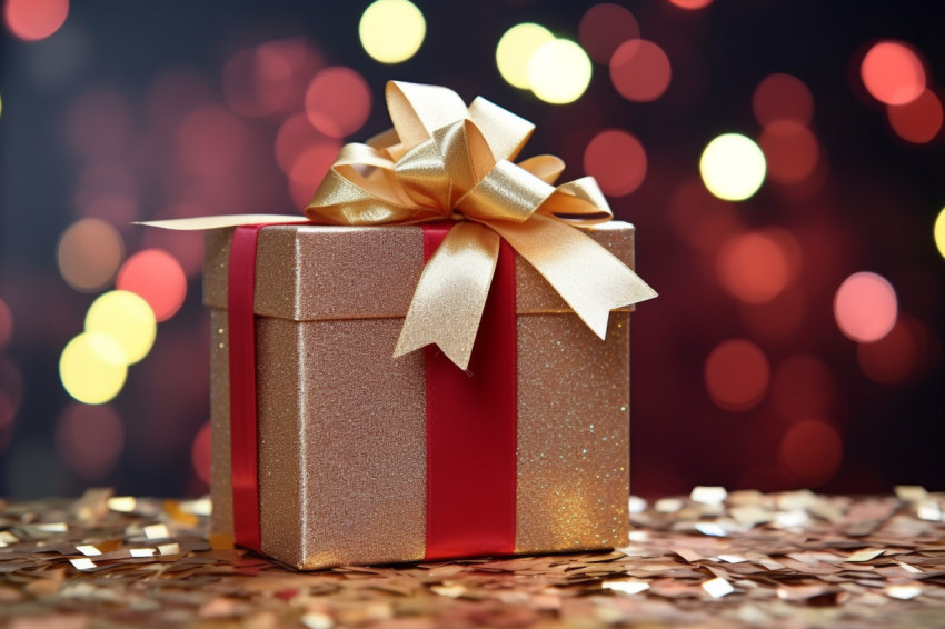 A photo of a christmas gift box with a gold bow on a background