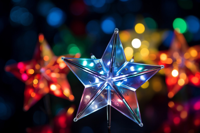 A picture of christmas star lights with blurry shapes and colors