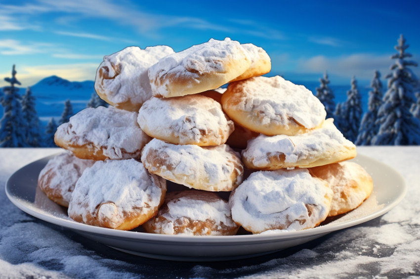 A close up photo of tasty homemade christmas cookies on a blue p