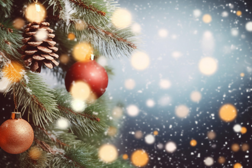 A picture of a christmas banner with snowy ornaments, pine cones