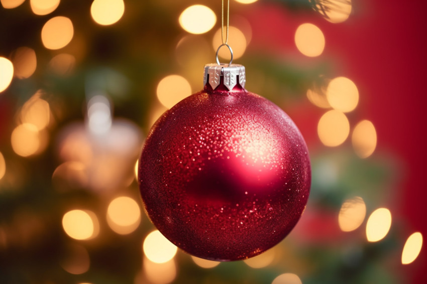 A close up photo of a single red ornament on a christmas tree wi